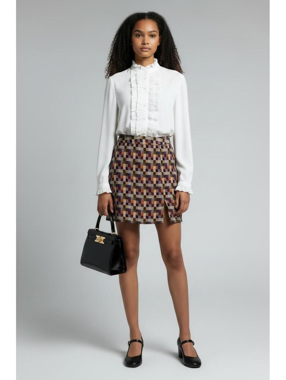 Le Lis Tapestry Checkered Jacquard Mini Skirt Multi-Color Slit, Size Medium
